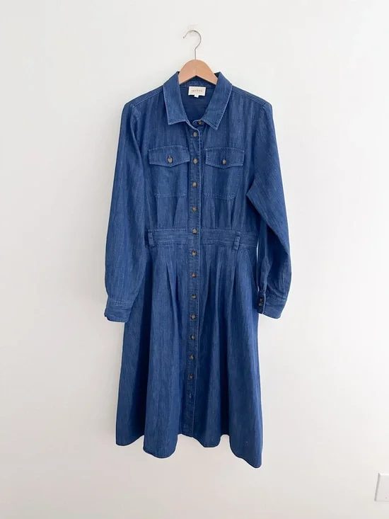 Sezane Gwen Denim Dress Organic Cotton Button Front Midi French Girl Classic 12 - Picture 6 of 11